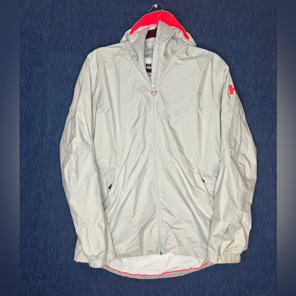 Helly Hansen Windbreaker Light Gray Hooded Jacket with Neon Pink Accents